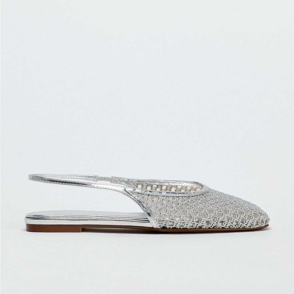 Zara Silver Metallic Mesh Slingback Flats